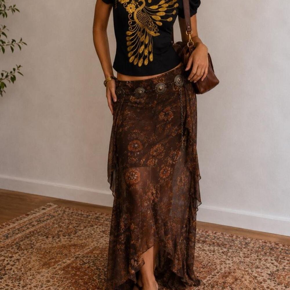 Y2K Garden Fairy Black Gold Embroidered Peacock Boho Fairycore Statement Top